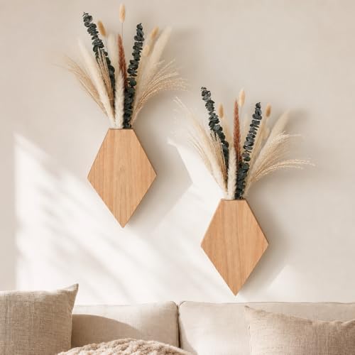 2 Pcs Bohemian Wooden Wall Planter Set with Pampas Grass Modern Farmhouse Wall Decor for Living Room, Bathroom, Bedroom, Office (Original Wood Color,Natural Style) - color: Original Wood Color, style: Natural Style