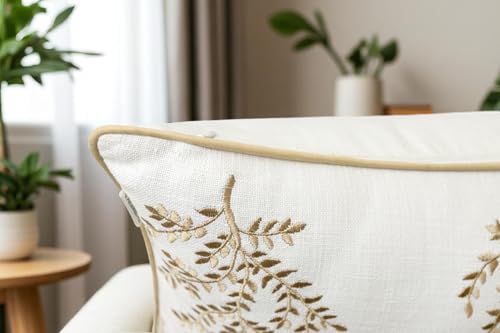 VAGMINE Embroidered Fern Botanical 18x18 Throw Pillow Cover - Ivory Cotton Square Cushion for Sofa Couch Bed - Cottagecore Farmhouse Home Decor - Leaves - color: Ivory-leaves, size: 18" x 18" (Pack of 1)