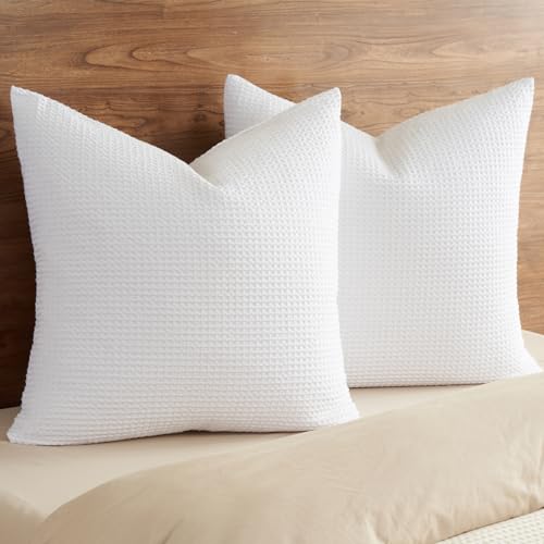 PHF 100% Cotton Waffle Weave Throw Pillow Cover, 22" x 22", No Filling, 2 Pack Elegant Home Decorative Square Throw Pillow Covers for Bed Couch Sofa, White - color: White, size: 22" x 22" (Pack of 2)
