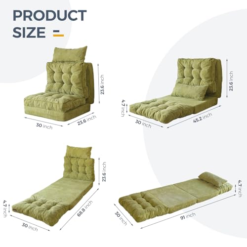 MAXYOYO Folding Sofa Bed, Tufted Bean Bag Bed with Pillows Floor Couch for Adults, Extra Thick and Long Floor Sofa, Single Couch for Bedroom Living Room, Green, 30x91 Inch - color: Green, size: Tufted Single