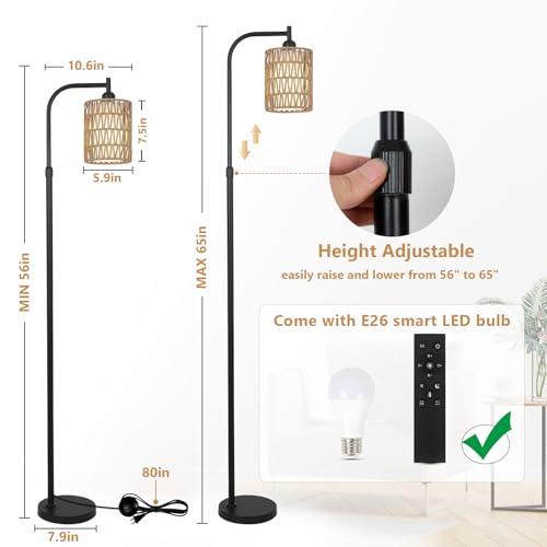LAMSU Floor Lamp with Remote, Dimmable Rattan Floor Lamp with LED Bulb, Industrial Black Tall Pole Lamp with Rattan & Fabric Shades, Boho Farmhouse Standing Lamps for Living Room Bedroom Office - color: Black
