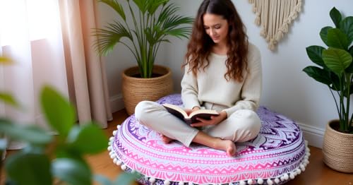Round Mandala Floor Pillow Cover Seating Cushion Throw Ottoman Pouf Cover Pom Pom Pillow Cases Hippie Decorative Bohemian Boho Indian 22 Inches (Pink White) - color: Pink White