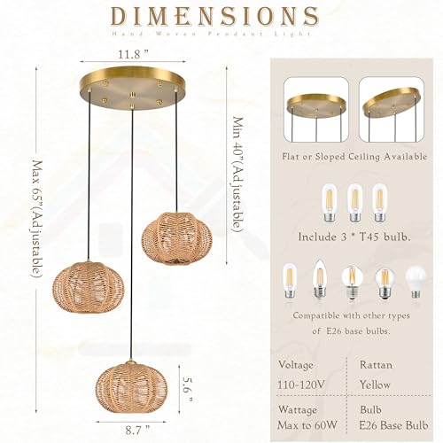 12" Boho Natural 3-Light Boho Chandeliers for Kitchen Island Hand-Woven Boho Rattan Chandeliers Dimmable Adjustable Hanging Chandelier for Dining Room Living Room Hallyway（Bulb Incl. - color: 11.8" Natural 3-Light