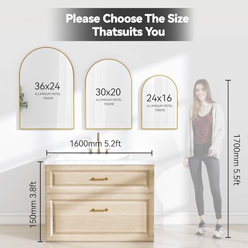 SCWF-GZ 30x20 Arch Mirror Rectangle Wall Mounted Hanging or Against Wall Metal Aluminum Alloy Frame Mirrors for Entryway Bedroom Bathroom Living Room 30 20 inch Gold - color: Gold, size: 30"L x 20"W