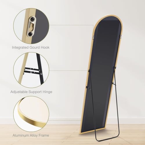 DUMOS 59"x16" Arched Full Length Floor Mirror, Full Body Standing Mirror with Aluminum Frame, Shatter-Proof Nano Glass for Modern Simple Home Decor, Hanging or Leaning, Gold - color: Gold-arched, size: 59"L x 16"W