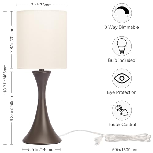 3 Way Touch Control Table Lamp, Modern Bedside Lamp Dimmable Nightstand Lamp with Beige Shade and Dark Brown Base, Small Desk Lamp for Living Room, Dorm, Home Office, 9W LED Bulb Included - color: Brown Base with Beige Shade