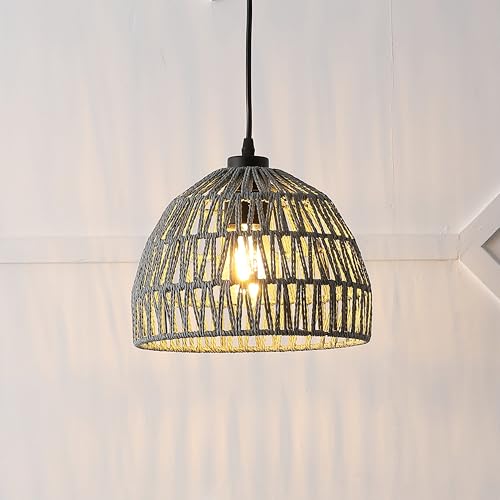 JONATHAN Y 10.25" Gray Modern Bohemian Woven Rope LED Pendant Light Fixture, Adjustable Dome Ceiling Lamp for Kitchen Island, Rope Shade, Coastal Farmhouse Decor (JYL6513D) - color: Gray, size: 10.25"