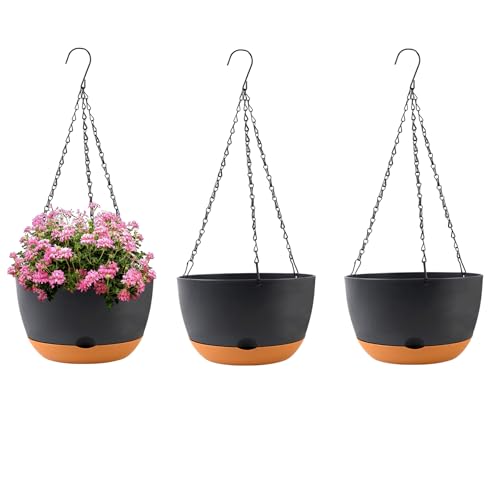KPUVX 10 Inch Hanging Baskets for Plants Outdoor Self Watering Pots for Indoor Plants, 3 Pack Plastic Hanging Basket with Removable Tray for Home Garden Porch Balcony Patio Decor(Black) - color: Black, size: 10 inch
