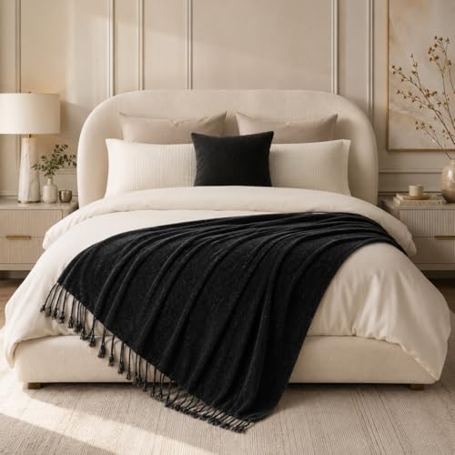 BATTILO HOME Black Chenille Throw Blanket for Couch, Soft Cozy Textured Knit Throw Blanket with Handmade Fringe Tassels, Lightweight Decorative Farmhouse Blanket for Sofa Bed Chair, 50"x60" - color: Black