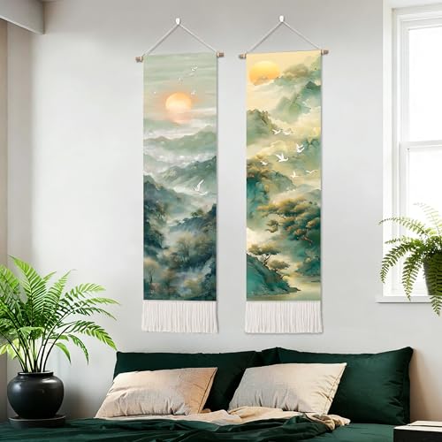 seewan 2 Pack Long Vertical Wall Tapestry, Boho Nature Landscape & Floral Aesthetic Wall Hanging for Bedroom Living Room Home Decor, Long Narrow Art Tapestry with Sunrise Mountain Botanical Designs, 13" × 51" (Mist Mountain Layers, 13"Wx51"H, Unframed) -