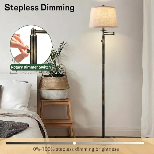 Ruiever Dimmer LED Floor Lamp,Tall Standing Lamp with Swing Arm,Black Gold Hand Brushed Lamp with Dimmer LED Bulb,Elegant Floor Lamp for Living Rooms & Bedroom (Black Gold Old Brushed) - color: Old Brushed