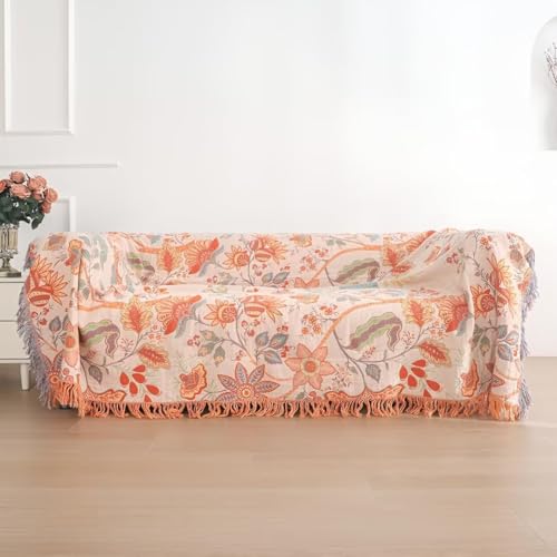 Boho Throw Blanket for Bed 100% Cotton Bohemian Blankets Ultra Soft Woven Muslin Decorative Blankets All Seasons Vintage Quilt Knitted Blanket for Sofa Chair(Orange, 90"x98") - color: D-orange, size: 90"x98"