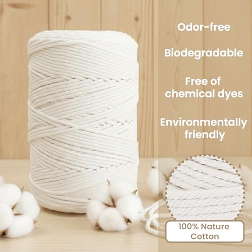 220 Yards Macrame Cord 4 Strand Twisted Recycled Cotton 4mm Beige String for Crafts Wall Hangings Plant Hangers DIY Knitting Macrame Supplies - color: Beige, size: 4mmx220Yards