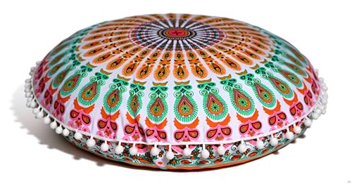 CRAFT KALA 32" in Round Mandala Floor Pillow Cushion Cover Seating Throw Cover Hippie Decorative Bohemian Ottoman Poufs Pillow Cover Cases Boho Cotton Living Yoga Home Décor Room (Mustard Mirchi) - color: Mustard Mirchi
