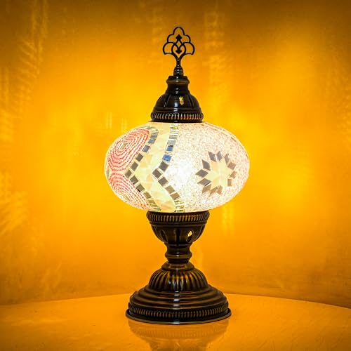 Turkish Mosaic Table Lamp with Bulb – Handmade Pink Stained Glass Light, Vintage Bohemian Decorative Bedside Lamp with US Plug & E12 Socket - color: Pink