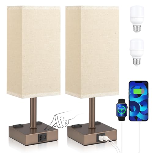 aooshine Brown Base Touch Lamps Set of 2 - Nightstand Lamp with USB-C + A Charge Ports & AC Outlets, 3-Way Dimmable Bedside Lamp, Small Table Lamp Light for Bedroom (Bulb Included) - color: Brown