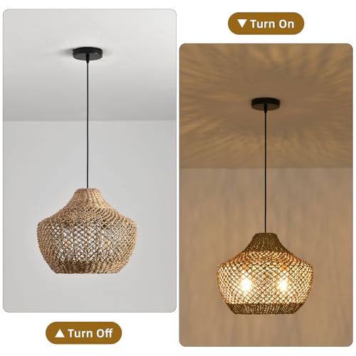 2-Light Rattan Pendant Light,15" Boho Basket Light Fixtures, Rattan Chandelier Hand-Woven Wicker Wicker Light fixtures Hanging for Dining Living Bedroom Kitchen Farmhouse - color: Brown rattan, size: 2-light 15in