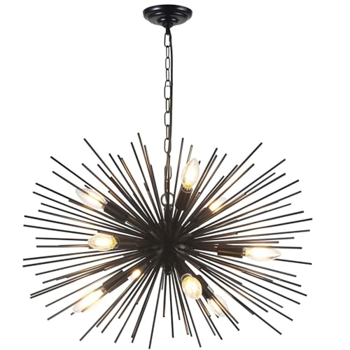 24in Black Sputnik Chandelier Light Fixture Over Table Modern 9-Lights Starburst Chandelier Solid Metal Satellite Sputnik Light Fixture for Dining Room, Kitchen Island, Bedroom,Foyer,Entryway - color: Black 24" 9-Light