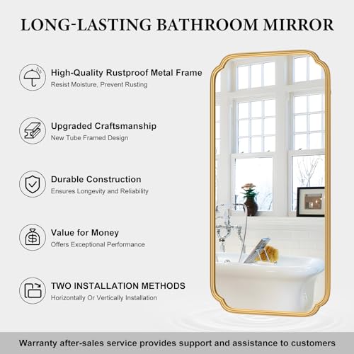 Ferytange Gold Wall Mirror 48 x 24 Inch Bathroom Vanity Mirror for Over Sink Modern Rounded Corner Rectangle Wall Mirror Decorative with Non-Rusting Iron Metal Framed (Horizontal/Vertical) - color: Gold, size: 48"L x 24"W