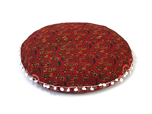Round Mandala Floor Pillow Cover Seating Cushion Throw Cover Hippie Decorative Bohemian Ottoman Pouf Cover, Pom Pom Pillow Cases,Boho Indian 22 Inches (Red) - color: Red