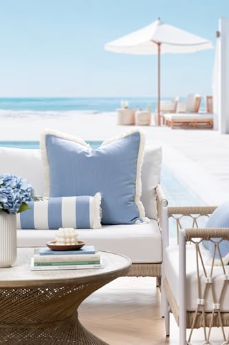 Hofdeco Premium Coastal Hampton Outdoor Performance Bolster Pillow Cover Only, 6"x20" Water Repellent, UV and Fade Resistant for Backyard, Couch, Poolside, Azure Blue Woven Beach Stripes - color: Azure Blue Beach Stripes 6"x20"