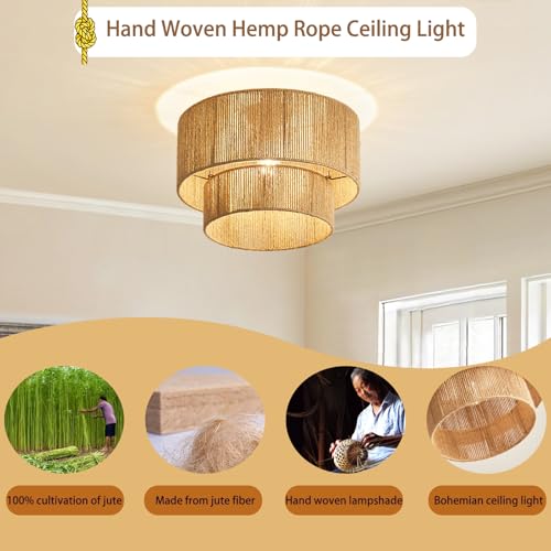 NUODIFAN Boho Semi Flush Mount Ceiling Light Gold Rattan Ceiling Light Double Layer 15.7" Farmhouse Ceiling Lamp with Natural Hemp Rope Lampshade for Dining Room Living Room Bedroom Kitchen