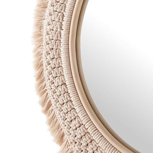 Jade Round Boho Wall Mirror with Natural Rattan Frame and Handwoven Macrame Fringe – Hanging Accent Mirror for Bathroom, Bedroom, or Nursery