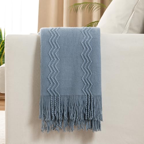 MIULEE Dusty Blue Cozy Knitted Throw Blanket for Couch Textured Knit Blanket with Tassels Woven Acrylic Wave Pattern Boho Blankets for Sofa Bed Chair 50"x60" - color: Dusty Blue, size: 50" x 60"