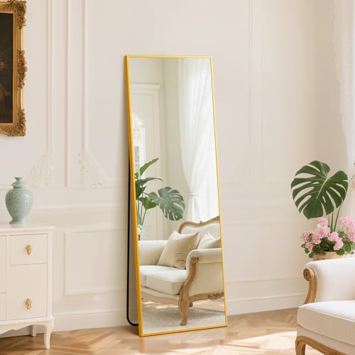 DUMOS 16"x59" Full Length Mirror with Stand, Floor Standing Aluminum Frame, Shatter-Proof Nano Glass for Bedroom, Living Room, Cloakroom – Modern Simple Home Decor,Can Be Hanging or Leaning, Gold - color: Gold-rect Edge, size: 59"L x 16"W