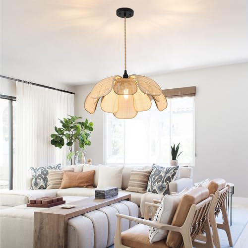 20 Inch Boho Flower Chandeliers for Dining Room Farmhouse Rattan Pendant Lights Girl Chandelier Hand Woven Bedroom Light Fixture Hanging Lamp for Kitchen Island - size: 20 Inch Ceiling