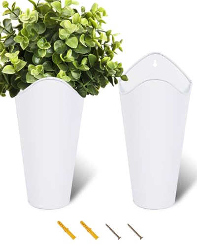 vensovo 12 Inches Galvanized Wall Planters - 2 Packs Metal Tin Vases for Flowers Indoors, Farmhouse Hanging Planter Tall Flower Holder for Country Decor Outdoors, White - color: White