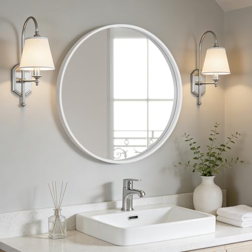 WallBeyond Round Wood Mirror 24 inch Circle Wall Mirror for Bathroom Round Wall Mirror for Wall Decor, Vanity, Entryway Living Room (White) - color: White, size: 24"L x 24"W