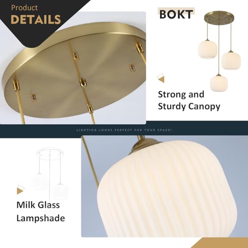 BOKT White Pendant Lights Kitchen Island 3 Light Globe Cluster Pendant Light Large Ribbed Glass Cluster Chandelier Gold Vintage Adjustable Hanging Light Fixture for Sink Dining Room - color: Milk White 3-Light