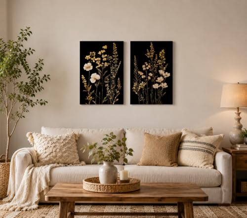 2Psc Dark Botanical Wall Art Vintage Black Flower Painting Picture Wall Decor Moody Flower Poster Print Artwork for Living Room Bedroom or Office Home Decoration 12x16 Inch - color: Retro Flowers 7, size: 16"L x 12"W
