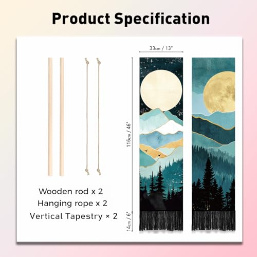 PLIGREAT 2 Pack Moon Mountain Long Tapestry, Forest Tree Narrow Vertical Wall Hanging Starry Night Sky Wall Tapestry Aesthetic Nature Landscape Tassels for Living Room Home Decor - color: Green and Black
