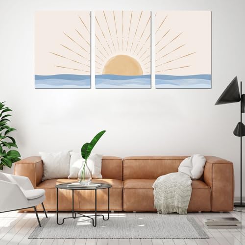 Boho Minimalist Wall Art Set of 3, Framed Canvas Prints - Geometric Line Sunrise Designs, Modern Neutral Wall Art for Living Room, Bedroom, Bathroom, Office, Hotel - size: 16x24Inchx3pcs-Framed