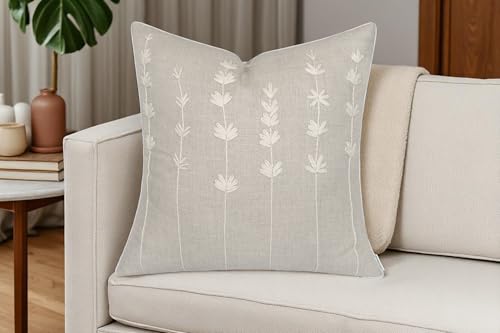 VAGMINE Embroidered Wildflower Floral 18x18 Throw Pillow Cover - Natural Linen Square Cushion for Sofa Couch Bed - Cottagecore Farmhouse Spring Decor - Daisy - color: Natural-daisy, size: 18" x 18" (Pack of 1)