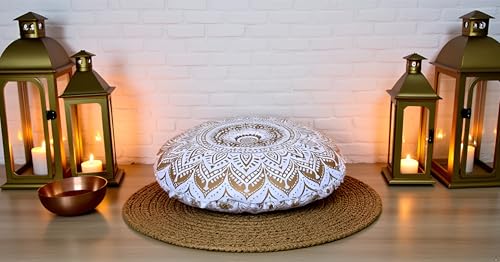 32" Gold Mandala Barmeri Large Floor Pillow Cover Cushion Meditation Seating Ottoman Throw Cover Hippie Decorative Zipped Bohemian Pouf Ottoman Poufs, Pom Pom Pillow Cases (White Gold, 32" Round) - color: White Gold, size: 32" Round