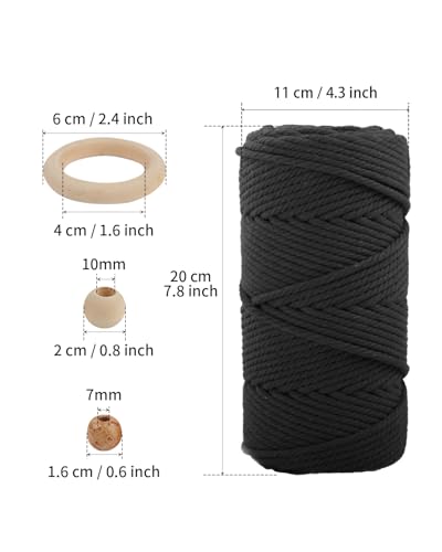 Macrame Cotton Cord 6mm x 109 Yards, ZUEXT 100% Natural Handmade Colorful 4 Strands Twisted Braided Cotton Rope for Wall Hanging Plant Hangers Gift Wrapping Tapestry DIY Crafts (100m, Black) - color: Black, style: 6mm x 100m