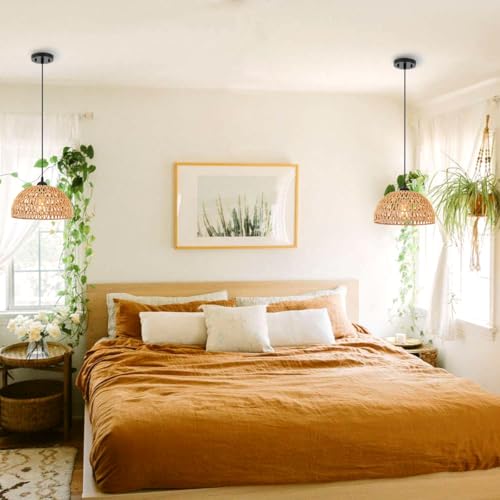 12" Rattan Pendant Light, Boho Dome Woven Hanging Light Fixture, Adjustable Height Natural Style Ceiling Lamp for Kitchen Island, Dining Room, Entryway, Bedroom, Hallway, EH61760P1