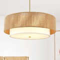 18'' Boho Rattan Chandelier Drum Pendant Light with Fabric Lampshade Hanging Light Fixture 3-Light Farmhouse Chandeliers for Dining Room Bedroom Kitchen Hallway Foyer - color: 18" Rattan&Fabric Gold