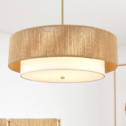 18'' Boho Rattan Chandelier Drum Pendant Light with Fabric Lampshade Hanging Light Fixture 3-Light Farmhouse Chandeliers for Dining Room Bedroom Kitchen Hallway Foyer - color: 18" Rattan&Fabric Gold