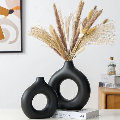 Modern Donut-Shaped Decorative Vases, Handmade Minimalist Boho ins Style, Modern Vase for Home Decor for Wedding Dinner Table Party Living Room Office Bedroom (Black, Large + Small) - color: Black, size: Large + Small