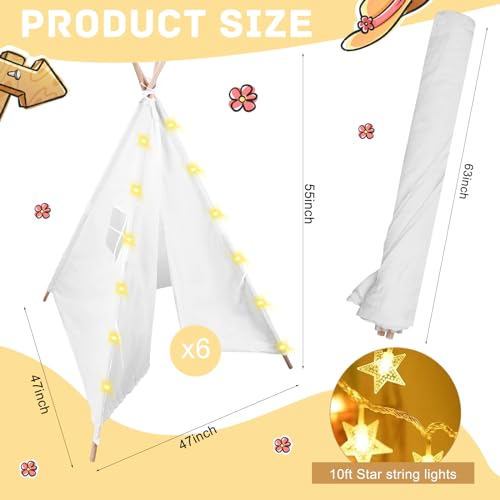 MBJZSL 6 Packs Teepee Tent for Kids with 10ft String Lights, Indoor Play Teepee Tent for Girls & Boys, Foldable Tents for Birthday Party Boho Sleepovers Party Pajama Party (White)