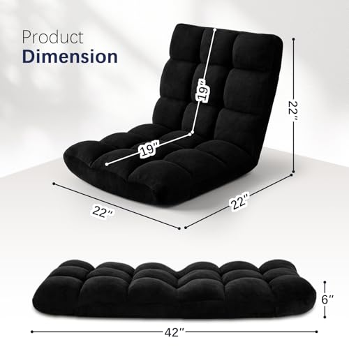 Folding Floor Chair 14-Position Cushioned Adjustable Floor Lazy Sofa Chair w/Breathable Cotton & Skin-Friendly Coral Velve for Adults & Kids Ideal for Reading Meditating，Black - color: Black