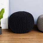 BIRDROCK HOME Round Pouf Ottoman Foot Rest - 18.5”x18.5”x15” Boho Compact Comfortable Soft Cotton Braided Foot Stool with Bean Bag Filling for Living Room, Bedroom, or Nursery (Black) - color: Black