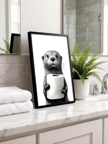 LBTZEVIR Framed Black and White Bathroom Wall Art Funny Otter Holding Toilet Paper Framed Canvas Wall Art, Black and White Bathroom Decor, 8x10 Inches for Bathroom or Powder Room - color: Black and White, size: 8"L x 10"W