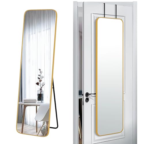 SCWF-GZ 57x16 Full Length Mirror Over The Door Hanging, Floor Stand/Wall Mounted Aluminum Alloy Frame Dressing Mirror for Bedroom Living Room 57 inch Gold - color: Gold, size: 57"L x 16"W