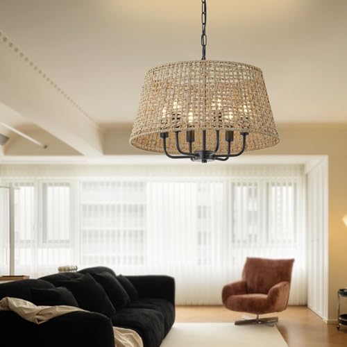 20"Rattan Large Boho Chandelier Ceiling Light Fixture, 6-Light Farmhouse Wicker Hand-Woven Chandelier Rattan Ceiling Pendant light Fixture for Dining Room Bedroom Hallway Kitchen Island(Black) - color: Black 6-Light 20" T-Shape