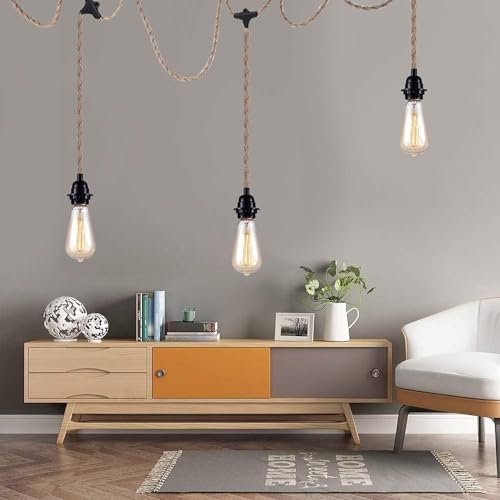 3-Light Hanging Light with Plug in Cord,Plug in Pendant Light 22ft Hemp Rope Pendant Lighting Vintage 3-Light Hanging Lamp Fixtures for Kitchen Island Living Room Bedroom - color: 3 Light